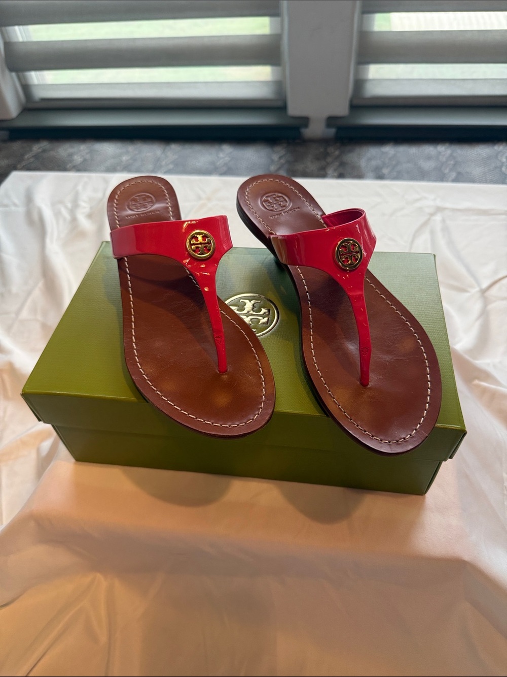 Tory Burch Red Patent Miller Thong Sandals with Gold Logo